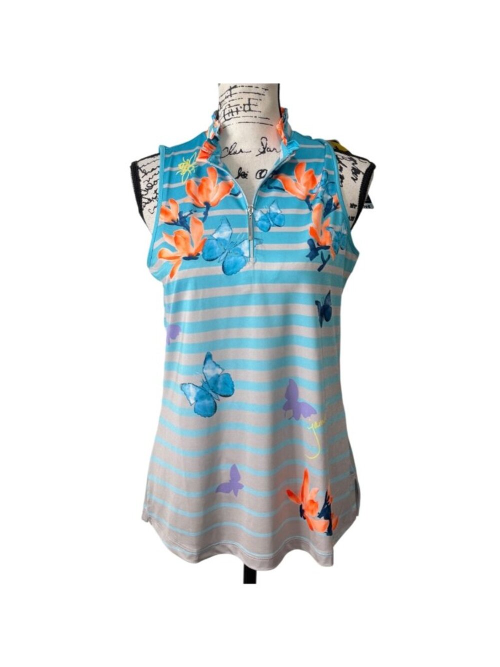 Jamie Sadock Womens Size M Sleeveless Top 1/4 Zip Butterfly Papillion SPF 50 NEW